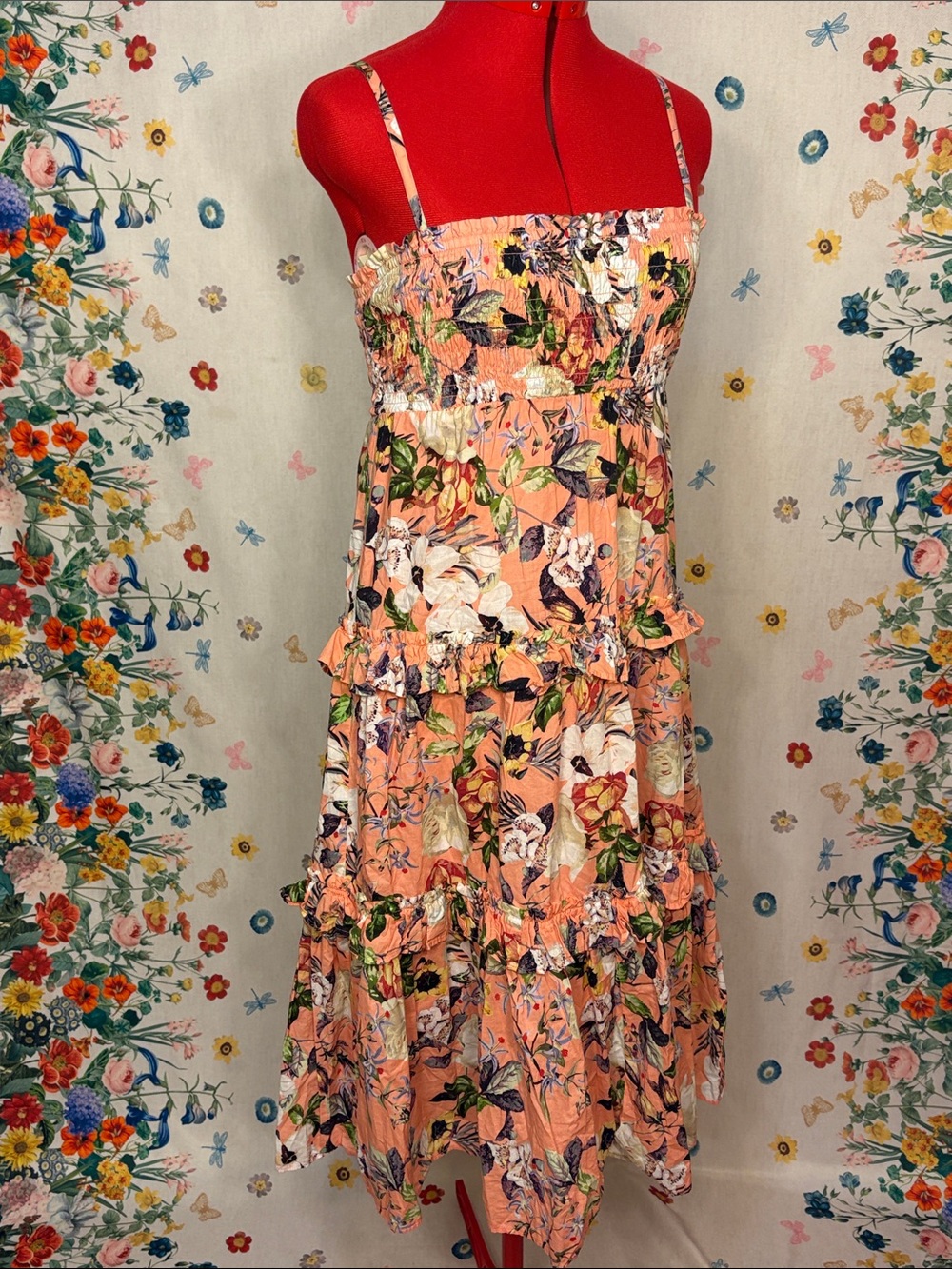 INC International Concepts Peach Floral Tiered Midi Dress 100% Cotton